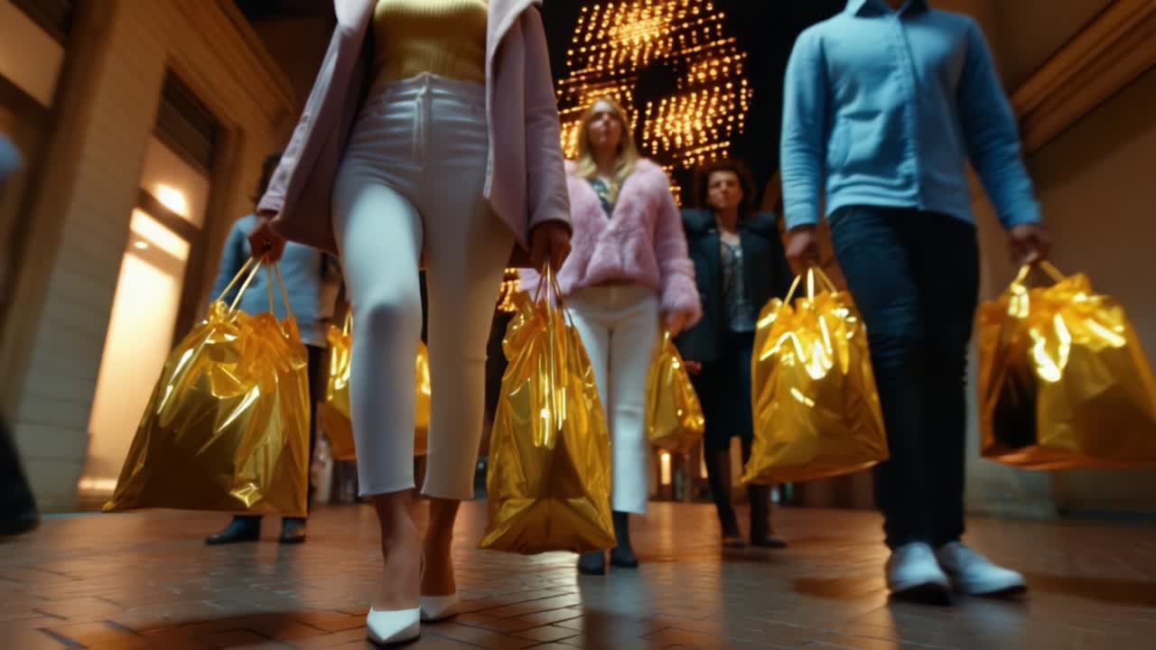 A Group of Shoppers Moving Together in a Colorful Atrium, Each Carrying Bright Golden Shopping Bags, Under Twinkling Fairy Lights Creating a Festive Atmosphere of Excitement and Anticipation