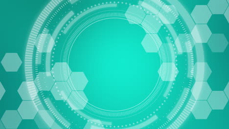 green background with hexagons and rotating hud elements. technological interface with copy space. looped motion graphics.