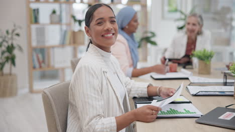 Woman,-face-and-paperwork-at-meeting