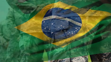 animation of flag of brazil over diverse male soldiers