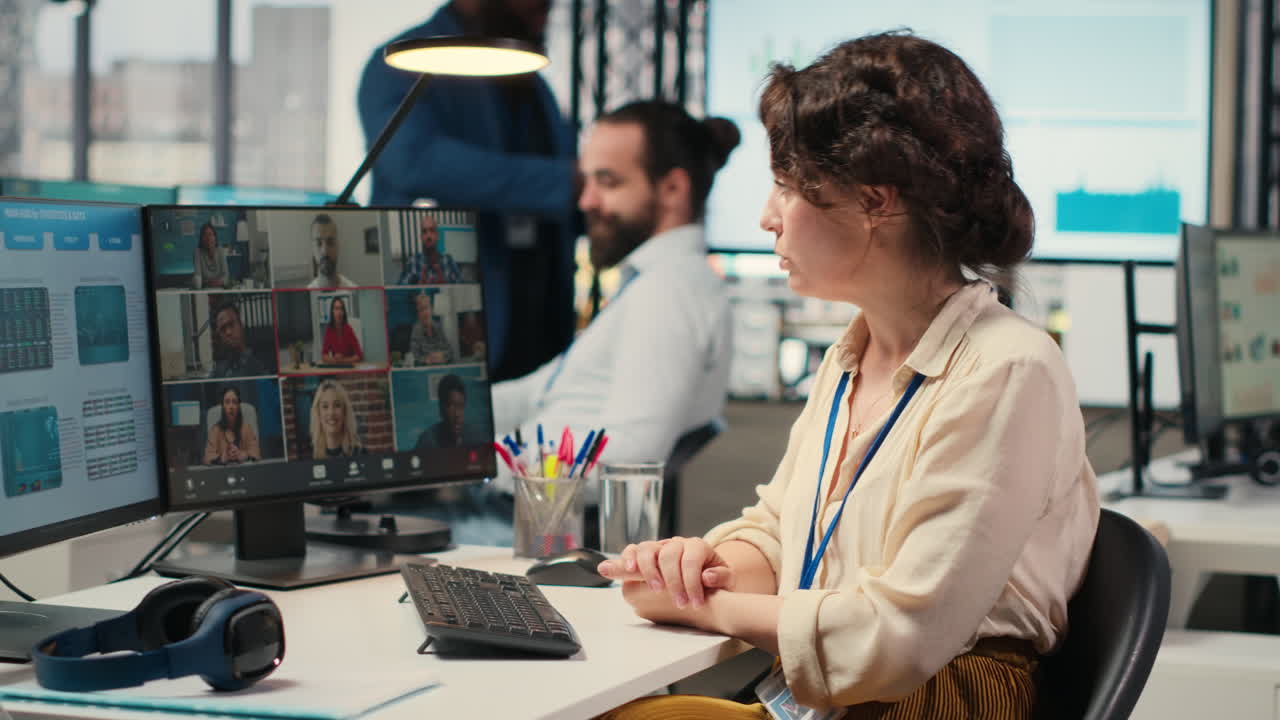 Lodret video: Kvinde deltager i diskussion på videoopkald for at dele detaljer om finansstrategi.