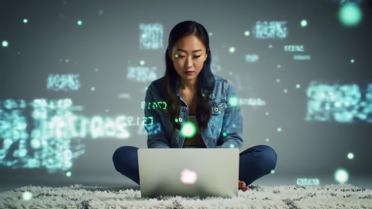 A Young Woman Engaged with Her Laptop Amidst a Digital World of Data and Code, Symbolizing Technology and Innovation in the Modern Era