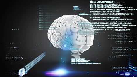 animation of data processing over human brain on grey background