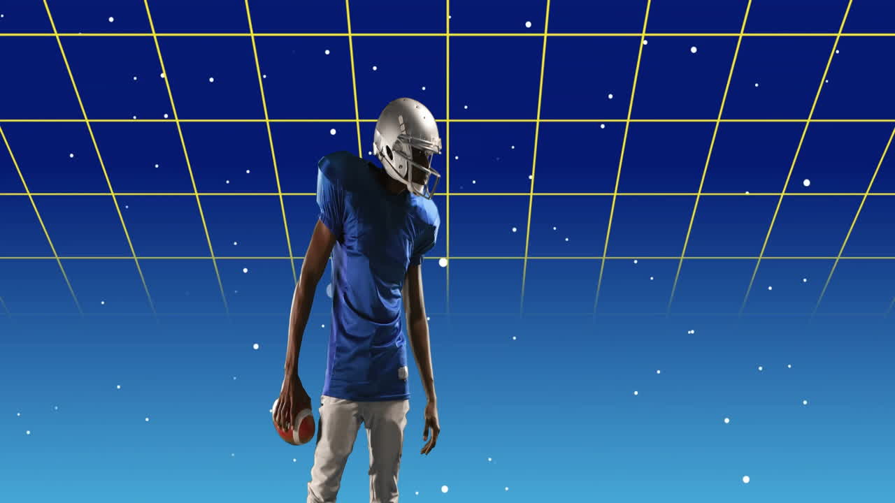 Holding football, player against futuristic grid with starry sky animation