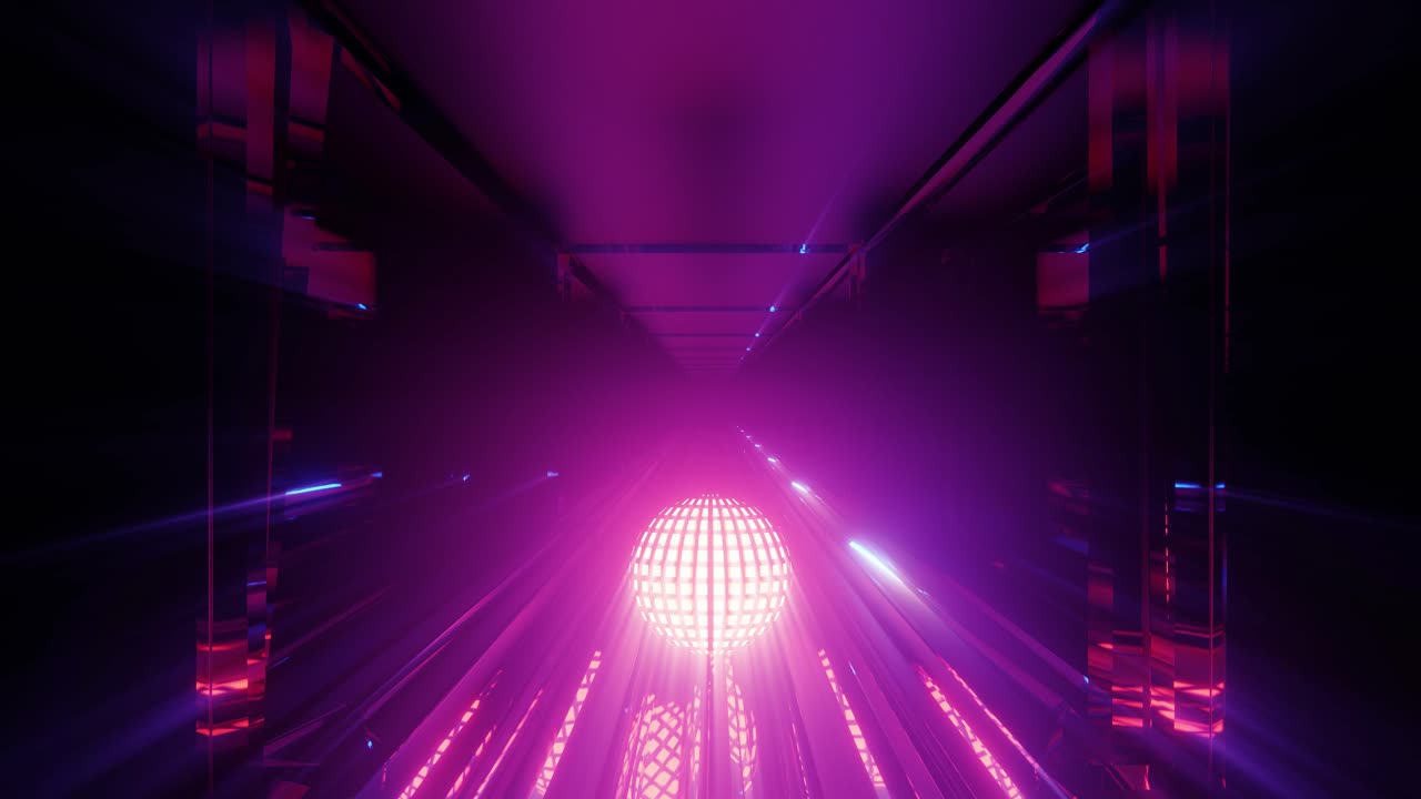 Sfera neon viola luminosa che rotola in un tunnel spaziale infinito con riflessi brillanti che illuminano il tunnel, creando un effetto ipnotico e coinvolgente