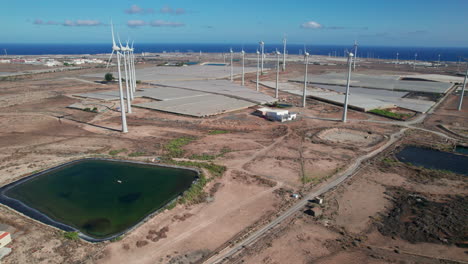 vista aérea en órbita sobre un campo de turbinas eólicas y un estanque de agua, en un paisaje desértico y donde se puede ver el océano