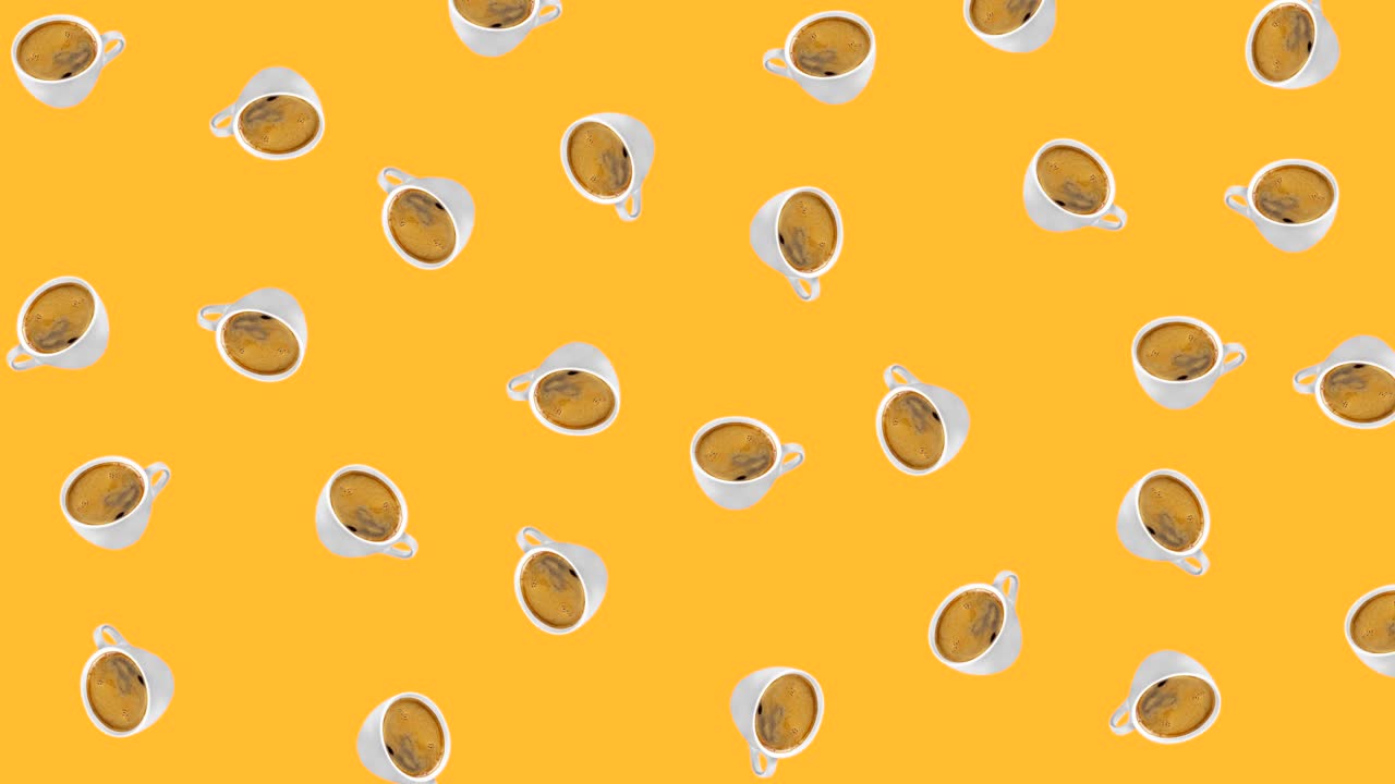 animación de bucle sin fisuras con muchas tazas blancas de café latte americano que se mueven en un fondo amarillo. plantilla para el menú de bebidas de cafeterías y restaurantes con espacio de copia