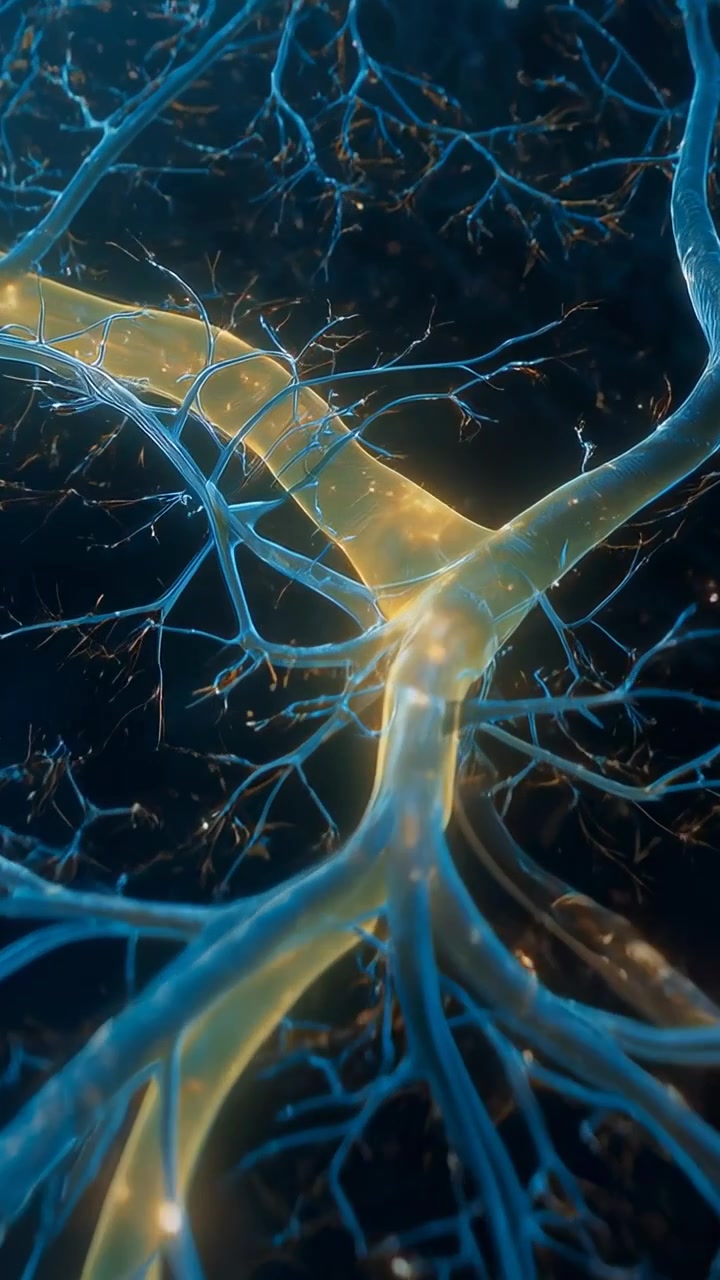 Video verticale: Telecamera che avanza rivelando un incrocio a Y nel fluido cellulare, concentrandosi su un nucleo ambrato.