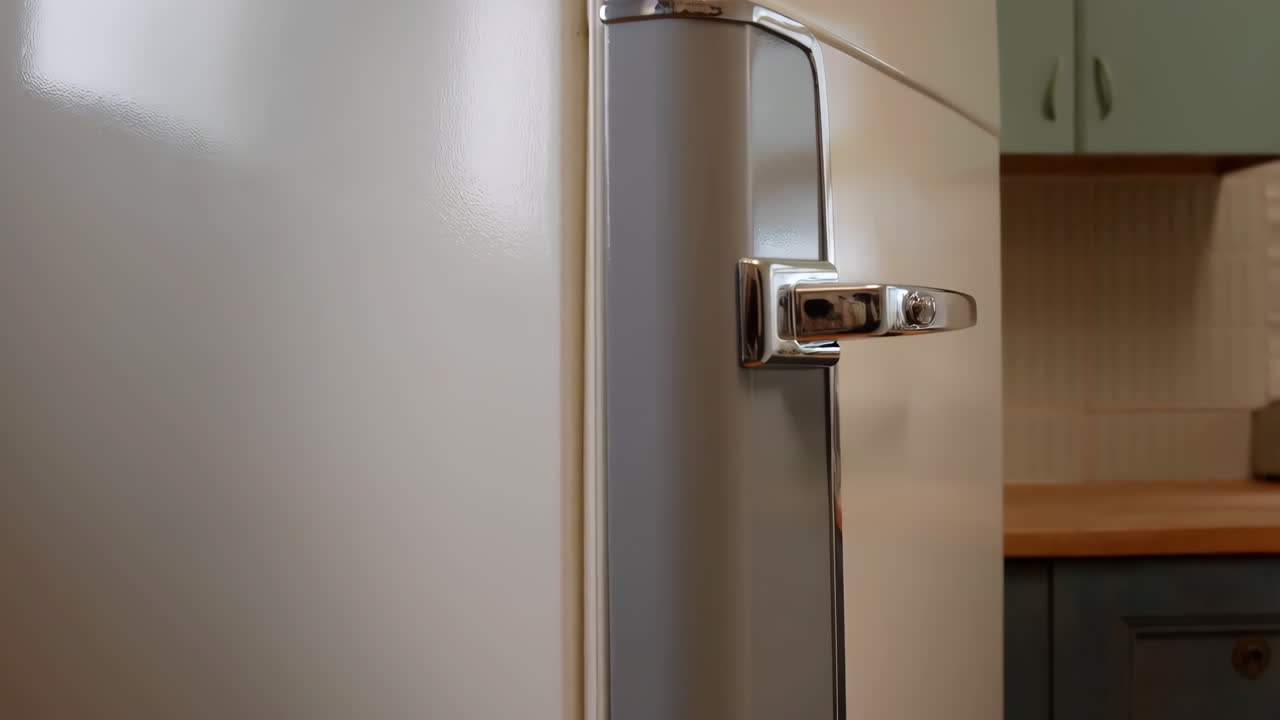 Close-up of a modern refrigerator door handle in a kitchen