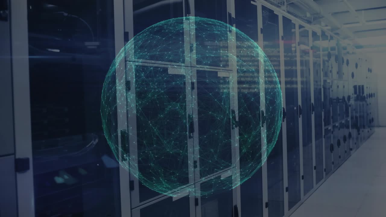 On startup globe fading over server racks, globe rotating, pulsing network lines showing data flow