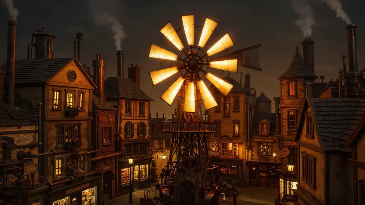 An Enchanting Nighttime Scene Featuring a Majestic Windmill Illuminating a Vintage Village with Smoke Rising from Chimneys and Warm, Inviting Lights Reflecting Off the Cobblestone Streets