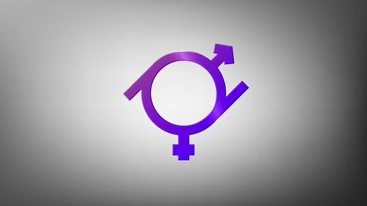 Animazione di un simbolo di genere fluido viola su sfondo grigio.