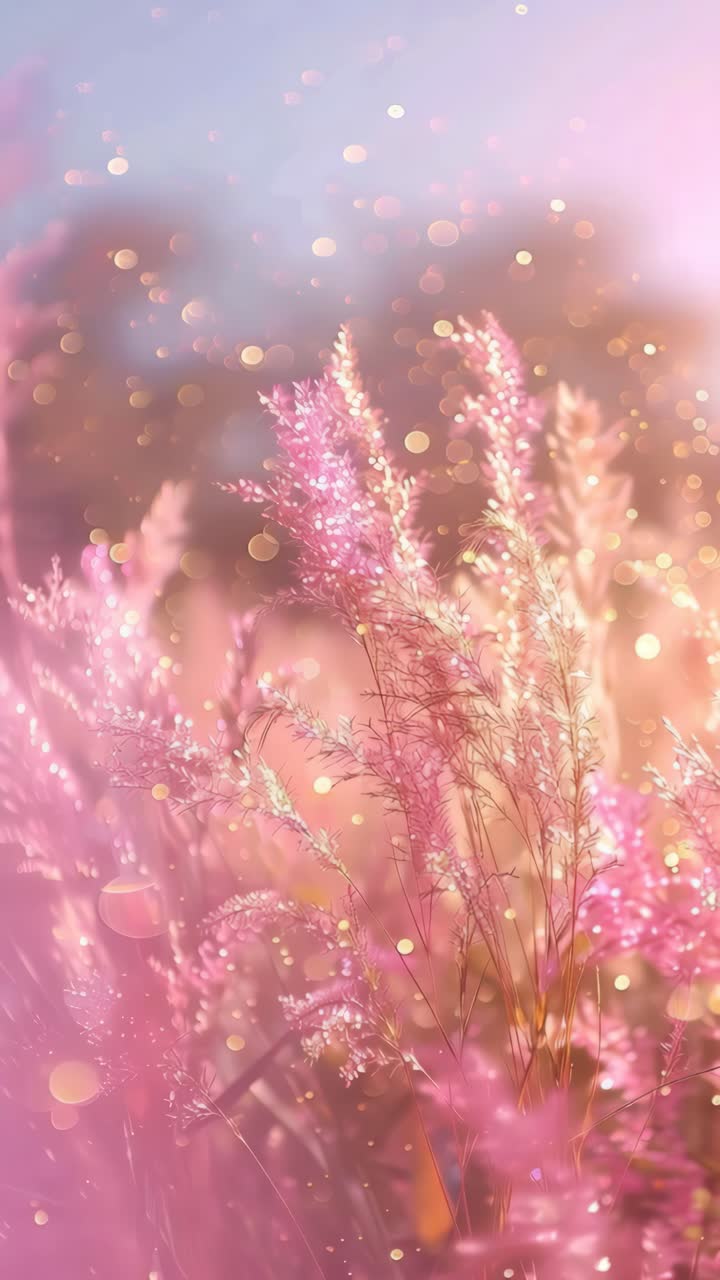 A dreamy, close-up video angle of pink wildflowers in soft focus, with bokeh lights