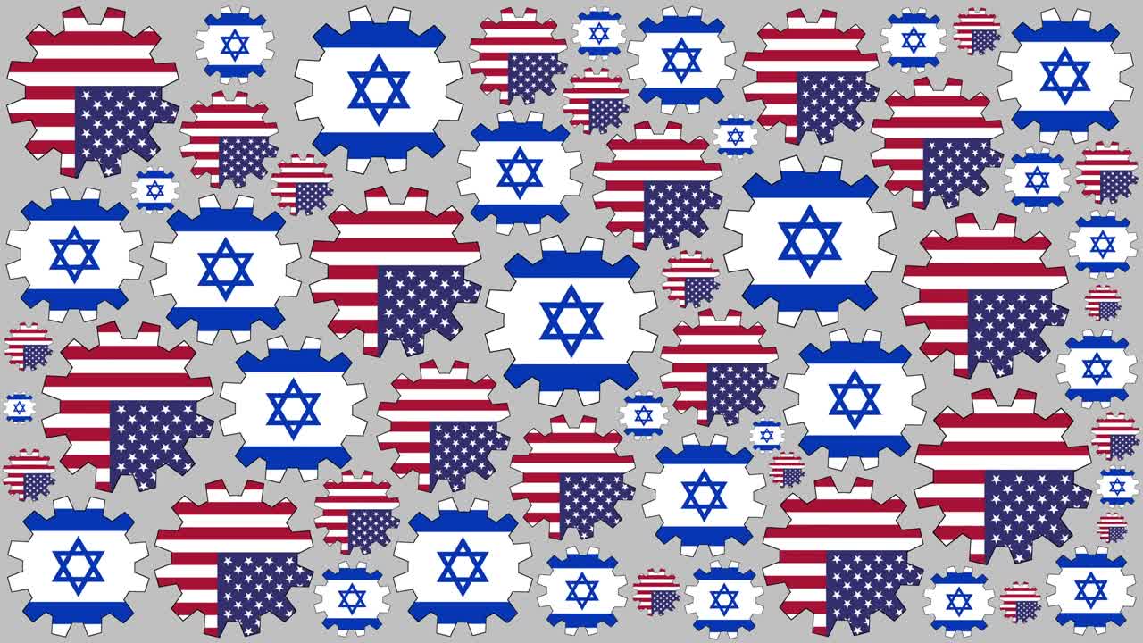 y la bandera estadounidense israelí engranajes girando fondo