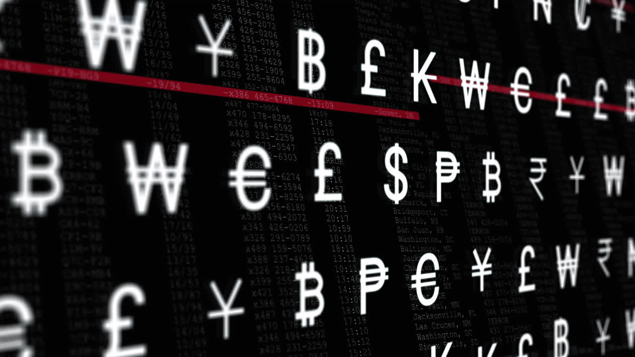 Animation of currency symbols over data processing on black background
