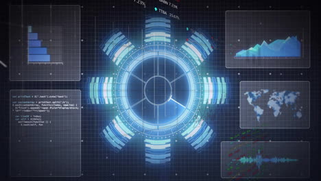 animation of digital data processing over screens and scope scanning