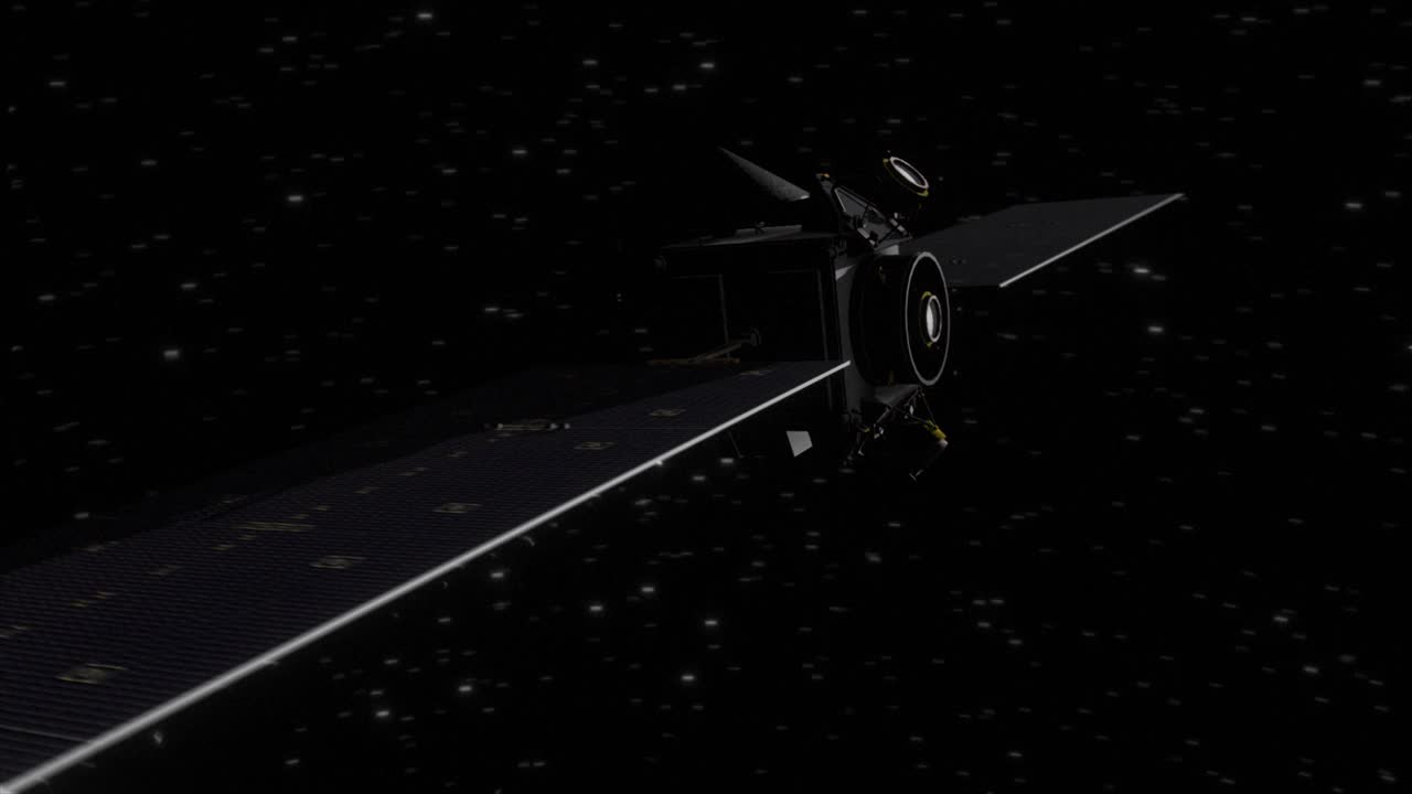 High quality and very detailed orbiting shot of the space probe Dawn as sunlight reflects on its solar panels, in deep space on its mission to the dwarf planet Ceres