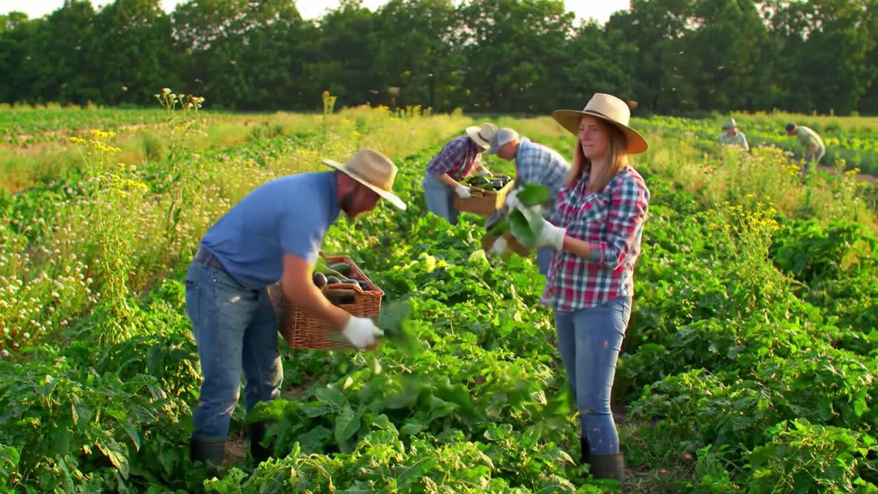 Harvesting Fresh Vegetables: Farmers Joyfully Gathering Cucumbers in a Sunlit Field Amidst Lush Green Plants and Blue Skies