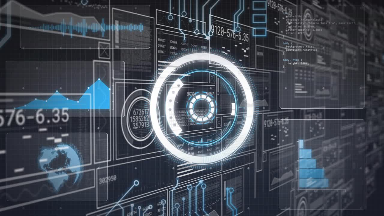 Central HUD appearing, assembling concentric rings, rotating and pulsing while showing live data