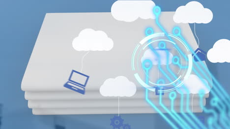 animación de escaneo de alcance y engranajes sobre nubes digitales con dispositivos electrónicos