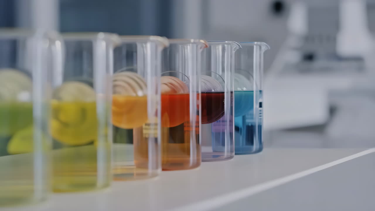 Colorful liquids in beakers in a science laboratory