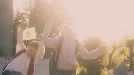 young guy silhouette throws up books and friend falls down