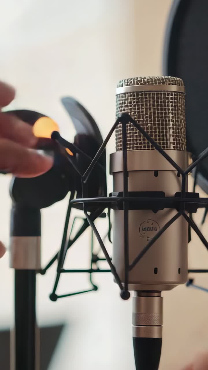 Video verticale: imposta le mani iniziali stringendo il microfono nell'attacco anti-shock, filtro anti-pop da studio per la registrazione