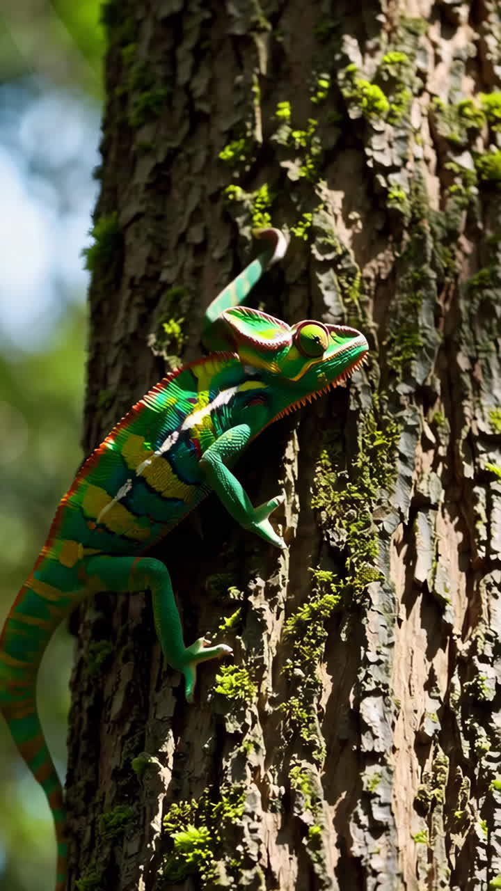 Colorful Chameleon on Tree Trunk