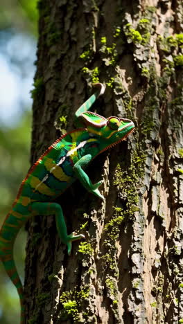 colorful chameleon on tree trunk