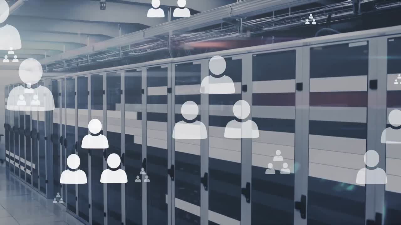 Animation af svævende netværk af profilikoner og databehandling mod serverrum
