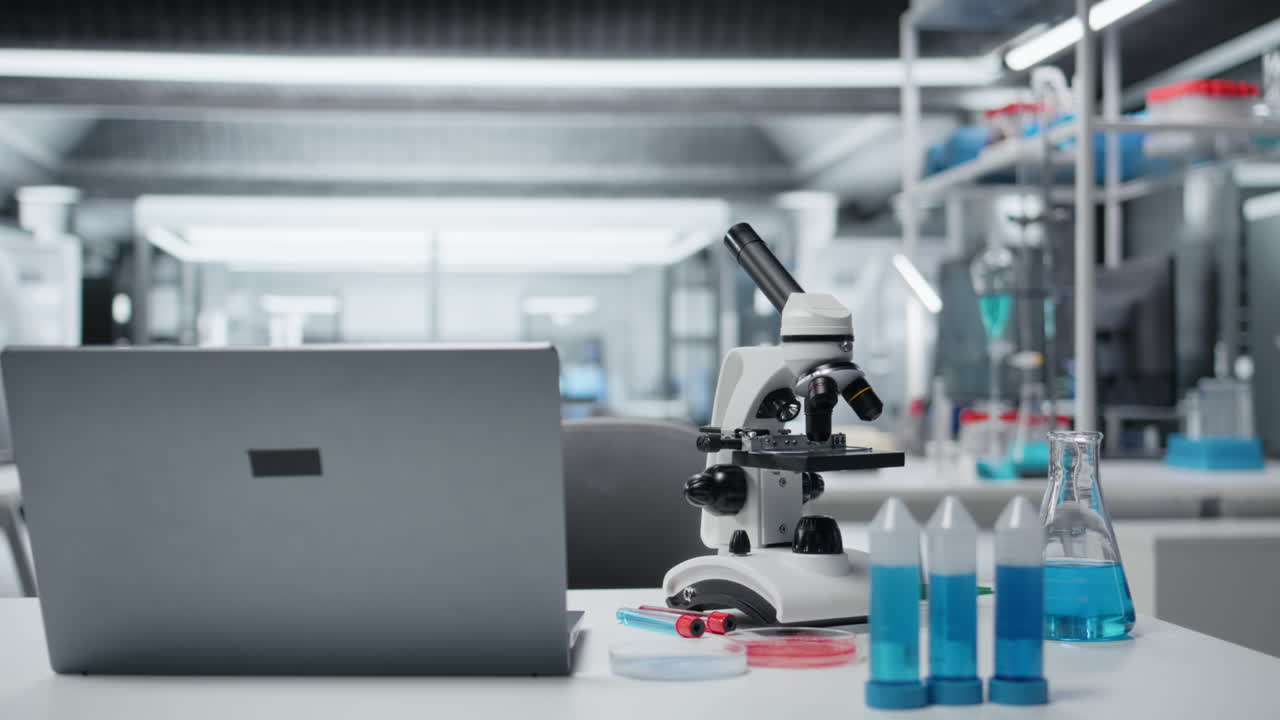 Close up of laptop on laboratory workbench next to microscope and samples