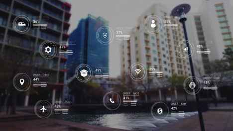 animación de iconos con procesamiento de datos sobre el paisaje urbano