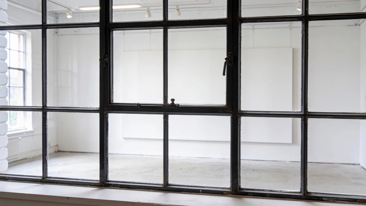 La caméra cadre une fenêtre à meneaux noirs face à une galerie vide, révélant le panneau de droite.