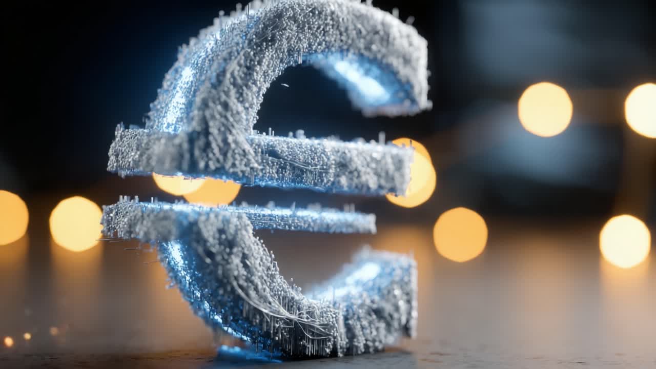 Una splendida immagine di un simbolo di valuta scintillante che rappresenta prosperità finanziaria e innovazione, illuminato in modo accattivante per evidenziarne il design intricato e la texture.
