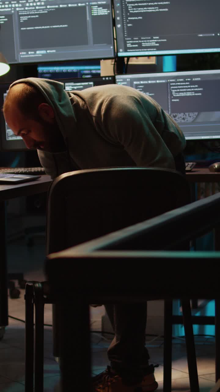Vertical video: Programmer sleeping and falling with chair in office