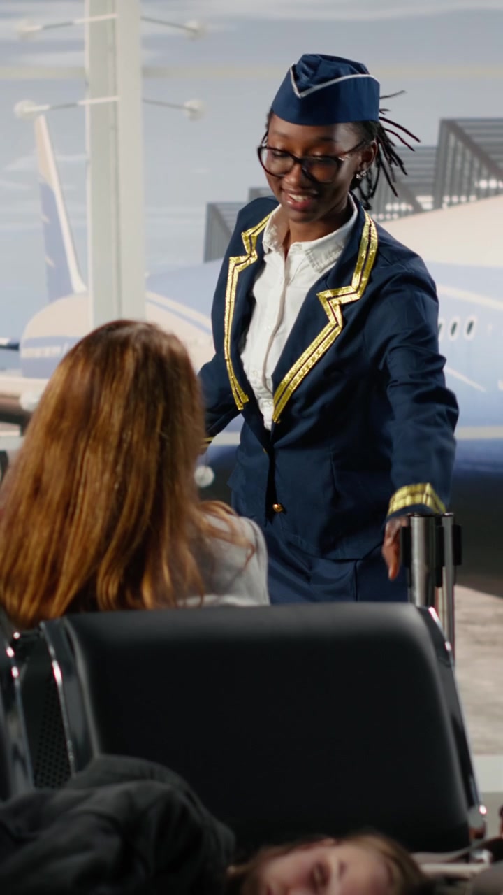 Assistente di volo afroamericana che imbarca passeggeri al gate dell'aeroporto.