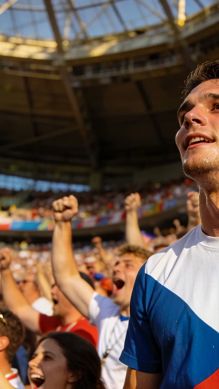 Video vertical: Hombre gritando reaccionando a un gol en las gradas con equipación azul, calmándose, respirando, con espacio para texto.