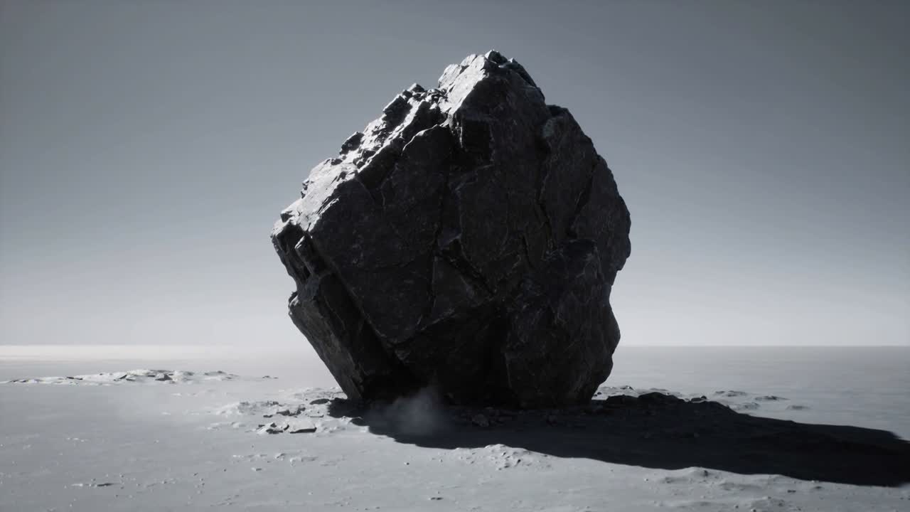 En enkelt kampesten falder til ro og kaster støv op efter nedslag på en flad slette, med skyggen strækkende sig mod højre.