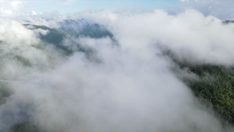 nubes gruesas sobre el río en el valle boscoso montañoso