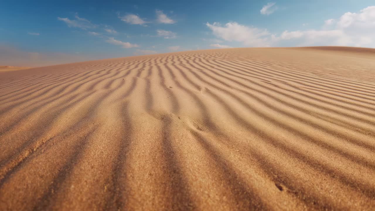 Avanzamento della camera che cattura le increspature della sabbia scolpite dal vento in salita per rivelare la cresta della duna, con la luce del sole che proietta