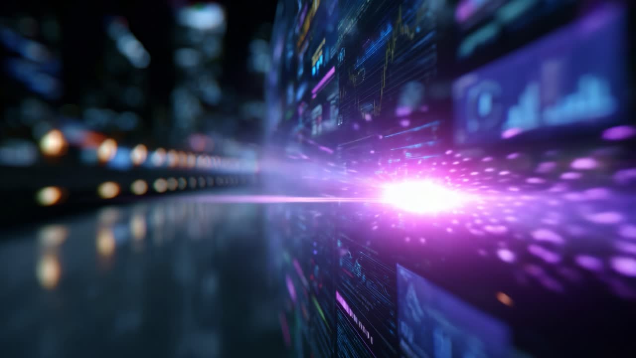 Visualizzazione del flusso dinamico di informazioni attraverso colori neon vivaci e forme astratte, catturando l'essenza dello spostamento dei dati e dei paesaggi digitali