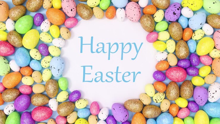 Happy Easter write on paper surrounded with vibrant eggs background. Stop motion