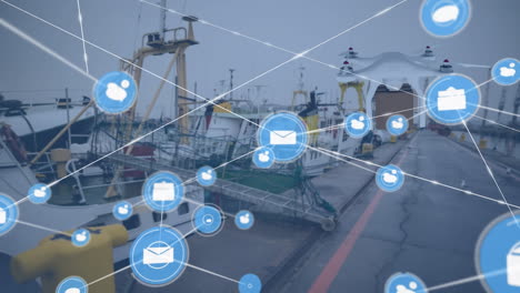 animation of network of connections with icons over drone carrying parcel