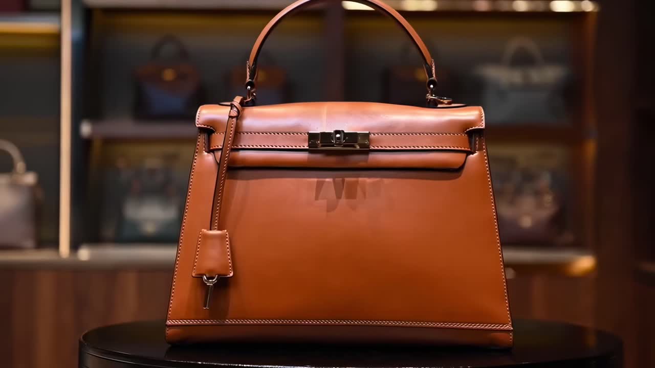 Elegante borsa in esposizione in una boutique, ripresa all'altezza degli occhi