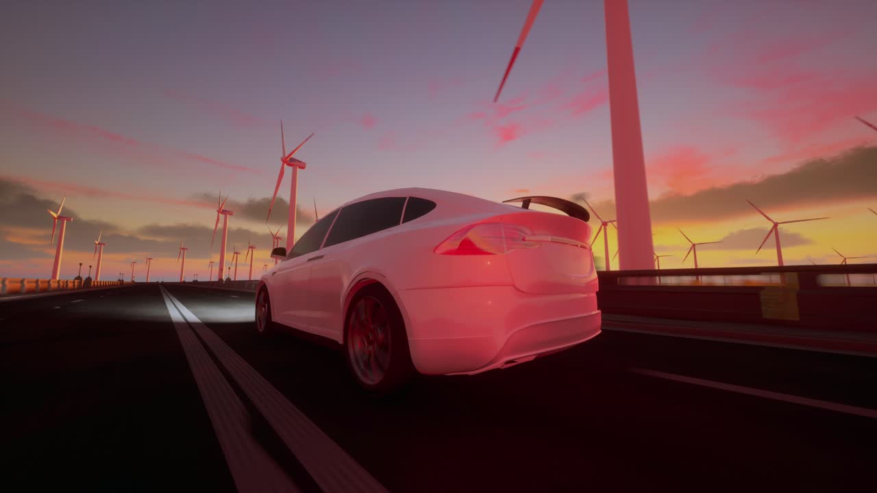 3dアニメーション - 太陽が沈む時の風力タービンを背景にして高速道路を走る一般的な電気自動車のレンダリング