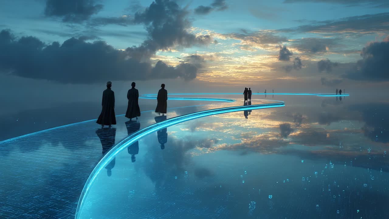 People walking on a futuristic path in the sky
