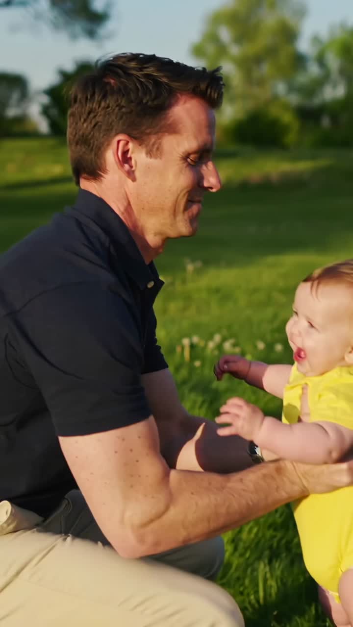 Vertical video: After baby's laugh, dad in navy polo lifting infant overhead in park, yellow onesie