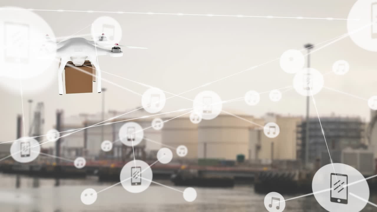 상자 오버 공장 (box over factory) 을 가진 아이콘과 드론을 가진 연결 네트워크의 애니메이션