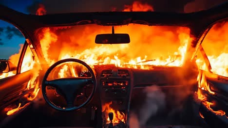 a car is engulfed by flames in the dark