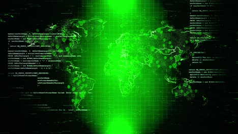 computers infected glitch noise virus, global hacking attack worldwide earth map loop animation.